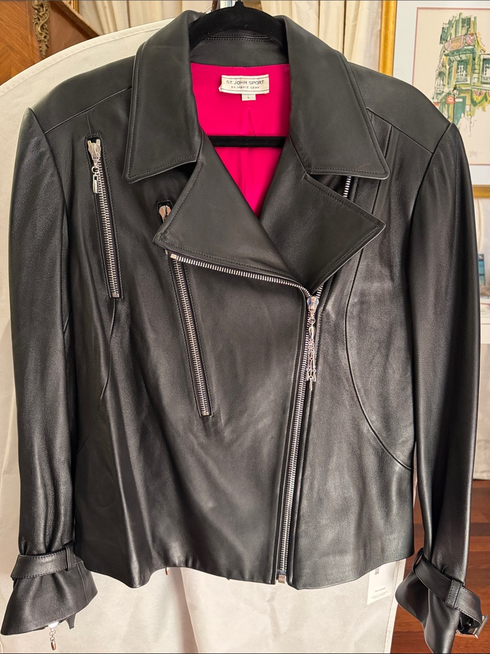 St. John Sport by Marie Gray Black Leather Moto Jacket with Pink Lining
